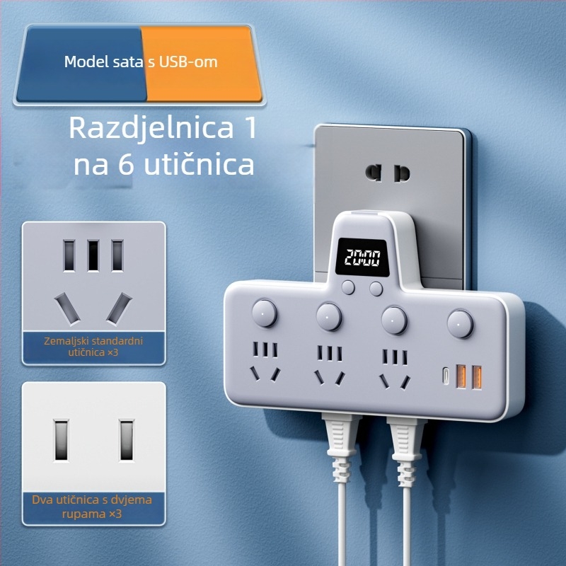 Produžni blok s USB priključcima, noćna lampica, neovisni prekidač s prikazom vremena, 10A, 220–250V