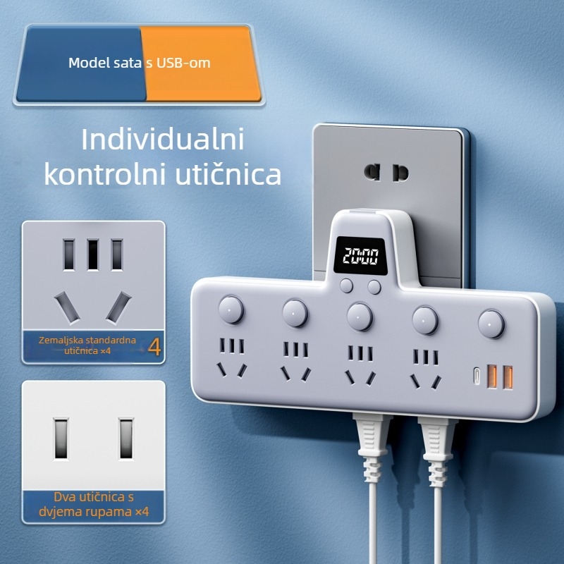 Produžni blok s USB priključcima, noćna lampica, neovisni prekidač s prikazom vremena, 10A, 220–250V