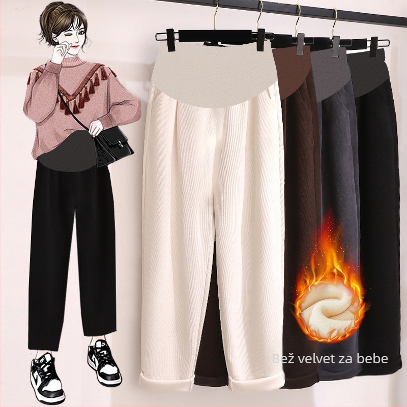 Trudničke cropped hlače s debelim fleece podstavom od pamuka i poliestera (50-70% pamuk-poliester; 30-50% poliester vlakna), podrška trbuhu, proljeće 2024