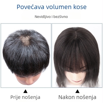 Kosa za vrh glave od pravih vlasi, ravna s bangsom, pokriva sijedu kosu i dodaje volumen; mehanička konstrukcija; bojenje i trajna su dopušteni