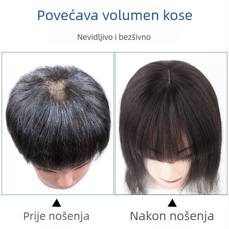 Kosa za vrh glave od pravih vlasi, ravna s bangsom, pokriva sijedu kosu i dodaje volumen; mehanička konstrukcija; bojenje i trajna su dopušteni