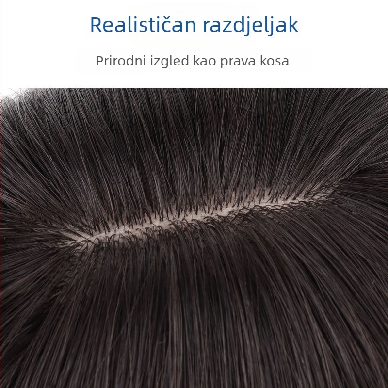 Kosa za vrh glave od pravih vlasi, ravna s bangsom, pokriva sijedu kosu i dodaje volumen; mehanička konstrukcija; bojenje i trajna su dopušteni