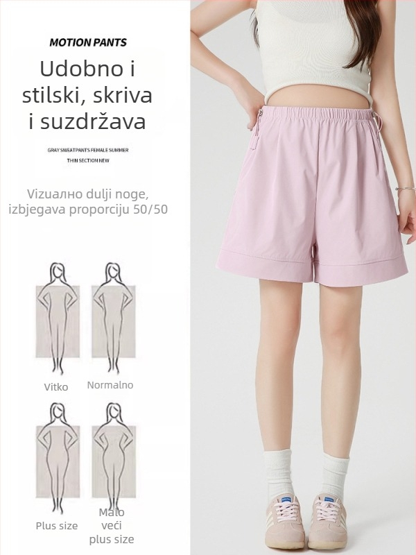 Trudničke šortse za ljeto - tanke, prozračne, do pola duljine, slobodan kroj, tkanina nylon-spandeks (90–95% nylon, do 30% spandeks), mikroelastično