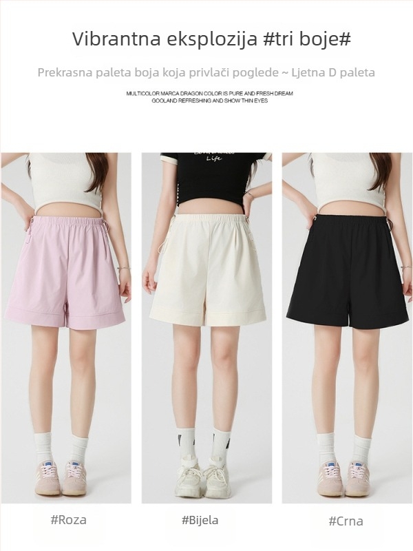 Trudničke šortse za ljeto - tanke, prozračne, do pola duljine, slobodan kroj, tkanina nylon-spandeks (90–95% nylon, do 30% spandeks), mikroelastično