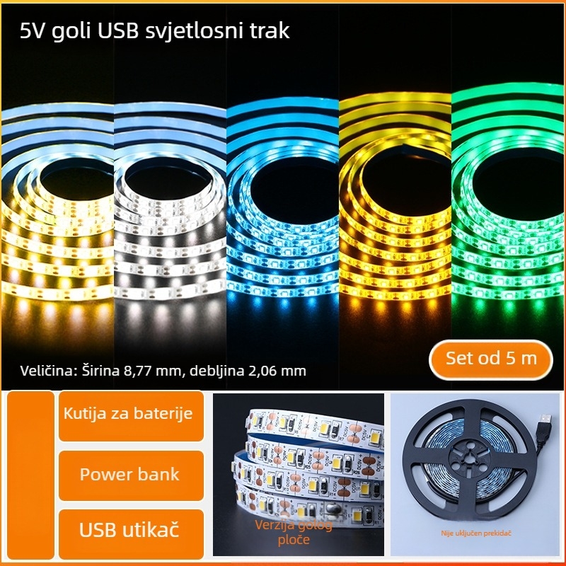 Monokromatska LED traka s samoljepivom zadnjom stranom, USB napajanje 5V, 60 LED (2835), 5W, bez podešavanja jačine, pozadina TV-a