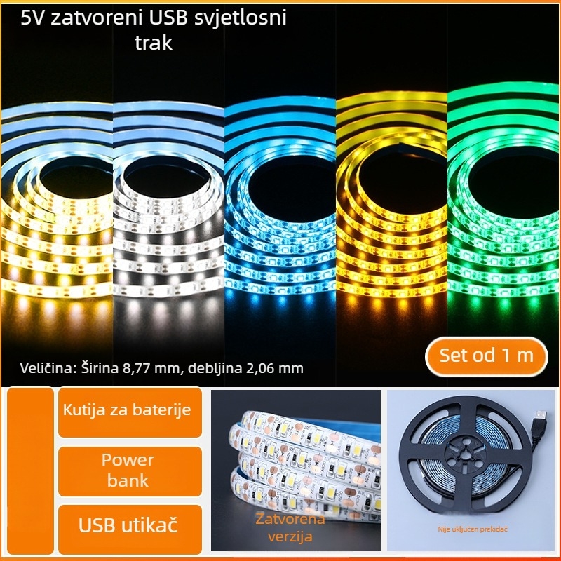 Monokromatska LED traka s samoljepivom zadnjom stranom, USB napajanje 5V, 60 LED (2835), 5W, bez podešavanja jačine, pozadina TV-a