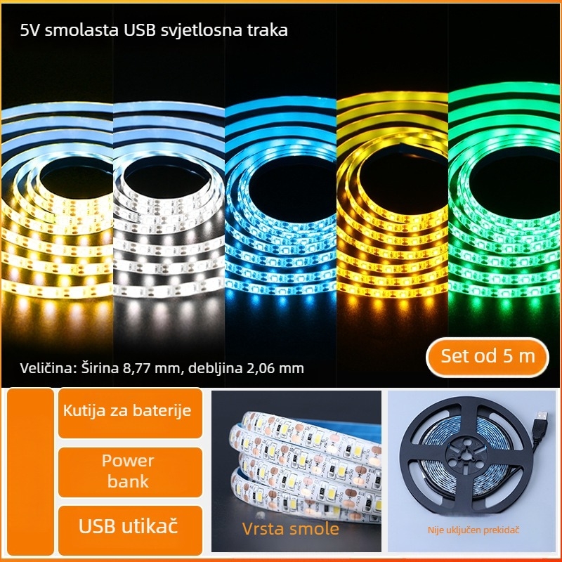 Monokromatska LED traka s samoljepivom zadnjom stranom, USB napajanje 5V, 60 LED (2835), 5W, bez podešavanja jačine, pozadina TV-a