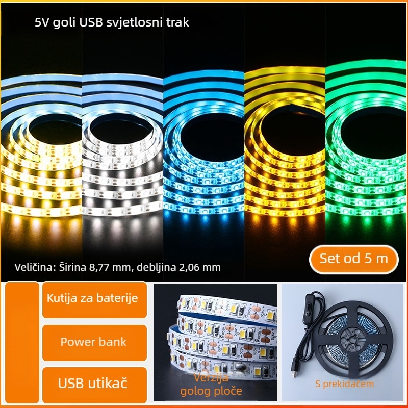 Monokromatska LED traka s samoljepivom zadnjom stranom, USB napajanje 5V, 60 LED (2835), 5W, bez podešavanja jačine, pozadina TV-a