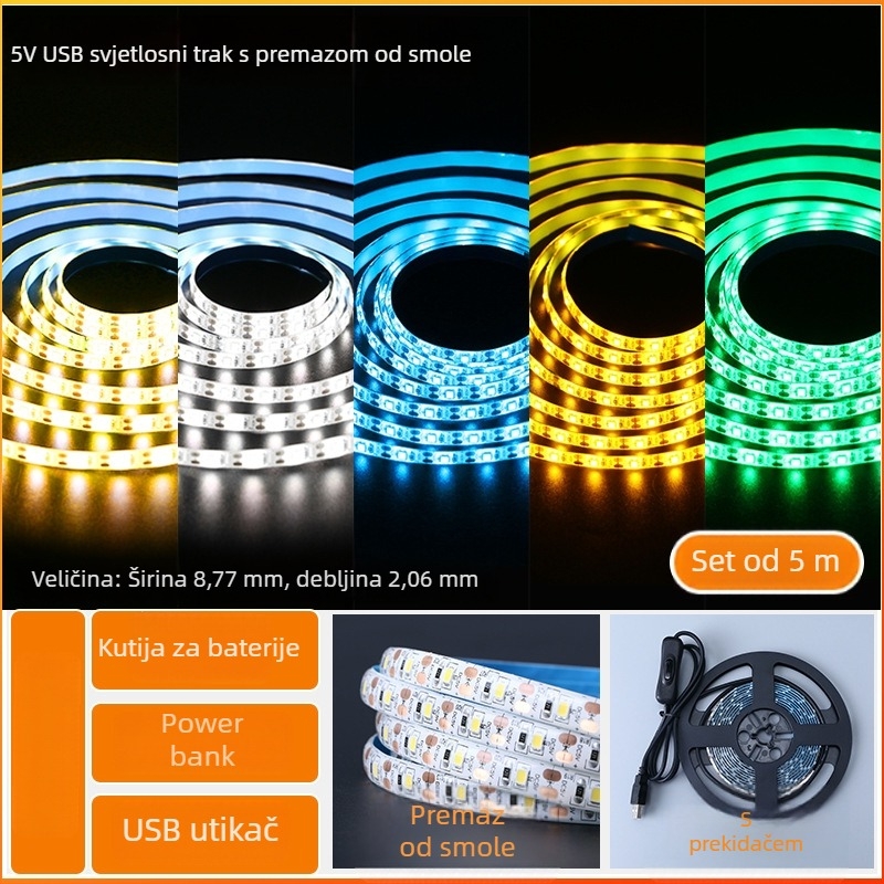 Monokromatska LED traka s samoljepivom zadnjom stranom, USB napajanje 5V, 60 LED (2835), 5W, bez podešavanja jačine, pozadina TV-a