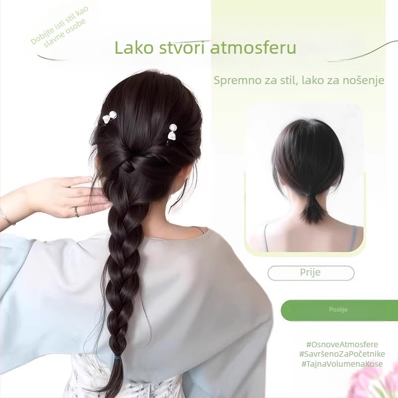 Perika s punđom i pletenicama: fishtail i uvijane pletenice, duga kosa; materijal: otporna na visoke temperature žica; konstrukcija: mehanički; model: punđa; bez bojanja ili trajne