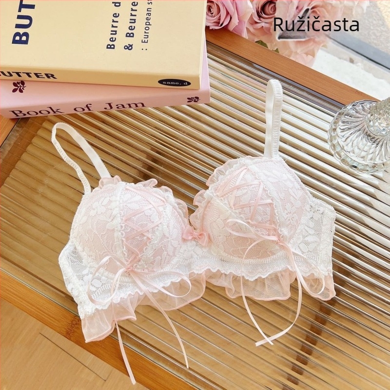 Set grudnjaka, japanski stil čipkasti dizajn s dvostrukim fiksnim trakama, 3/4 šalica, srednji kalup, najlon, prozračan, push-up, udoban