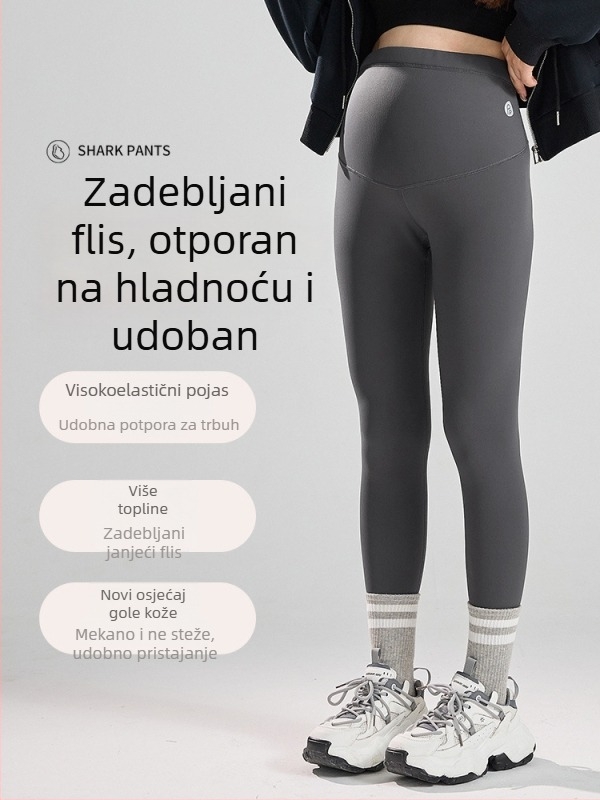 Trudničke hlače od najlona s debelim flisom, za jesen/zimu 2025, visoki struk za podršku trbuha, uski kroj