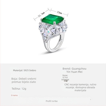 Prsten od srebra 925, geometrijski kvadratni dizajn, dijamantno postavljen, cabochon emerald, originalni dizajn