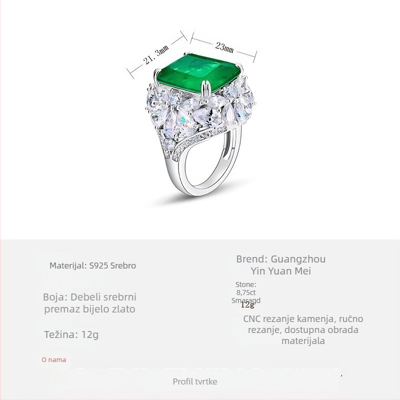 Prsten od srebra 925, geometrijski kvadratni dizajn, dijamantno postavljen, cabochon emerald, originalni dizajn