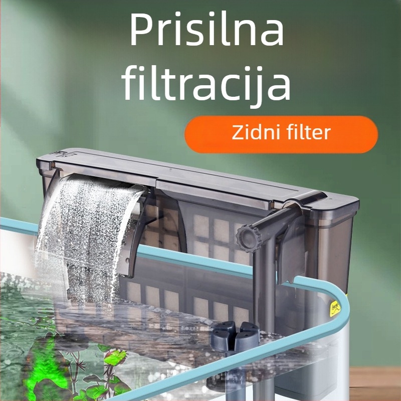 Zidni filter za akvarij s uklanjanjem masnog filma, oksigenacijom i trostrukim čišćenjem uz cirkulaciju vode; vanjska kompakna tiha pumpa u stilu vodopada