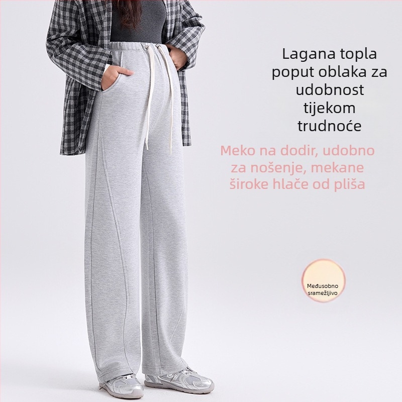 Trudničke hlače za jesen-zimu – opušteni kroj, pojas s čvorom, visoka elastičnost, 50–70% poliester, <30% viskoze, jesen 2025