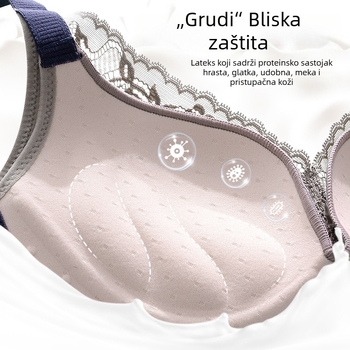Čipkasti bežični grudnjak s košaricama 3/4, gornje tanke i donje debele oblikovane košarice, fiksne dvostruke naramenice, stražnji četveroredni kopčasti zatvarač