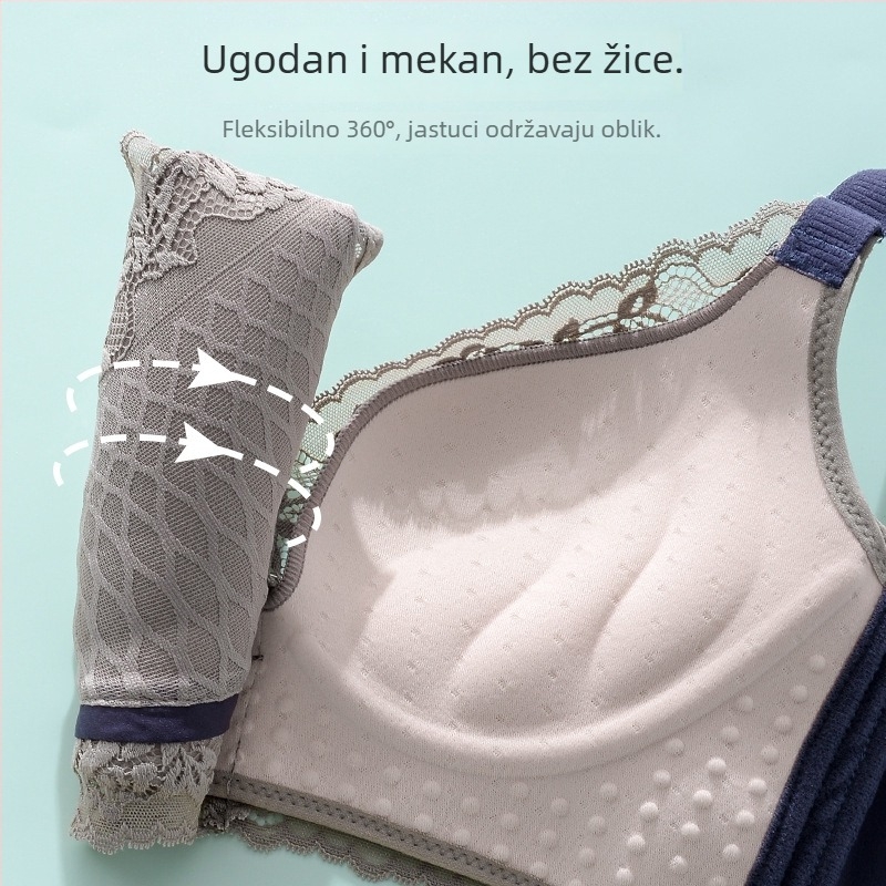 Čipkasti bežični grudnjak s košaricama 3/4, gornje tanke i donje debele oblikovane košarice, fiksne dvostruke naramenice, stražnji četveroredni kopčasti zatvarač