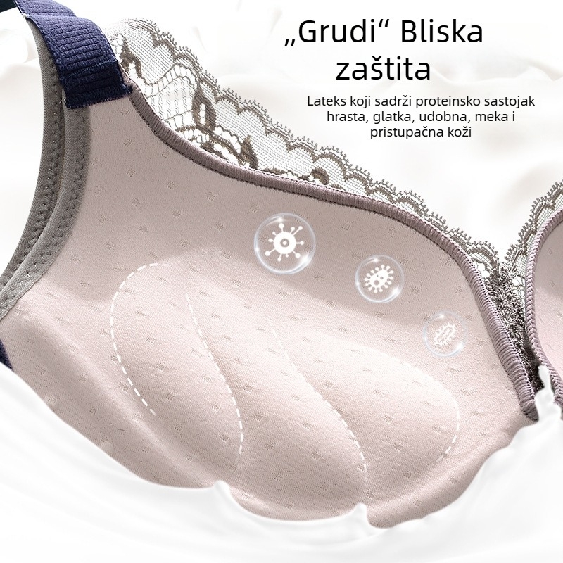 Čipkasti bežični grudnjak s košaricama 3/4, gornje tanke i donje debele oblikovane košarice, fiksne dvostruke naramenice, stražnji četveroredni kopčasti zatvarač