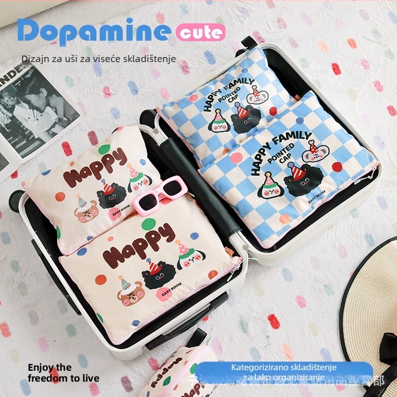 Kockasta putna torba od kariranog materijala, višenamjenska za šminku i toaletne potrepštine, slatki crtani stil