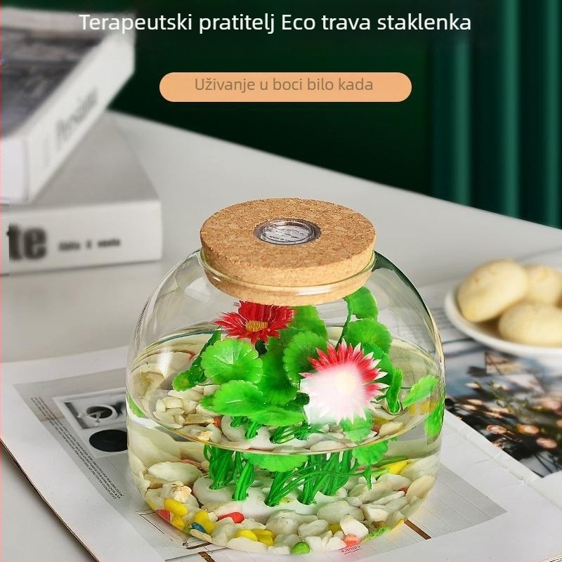 Staklena bočica s mikropejzažem, akvarijem i hidroponijskim lončićem, stolna izložba, kartonska ambalaža, nije uvezeno