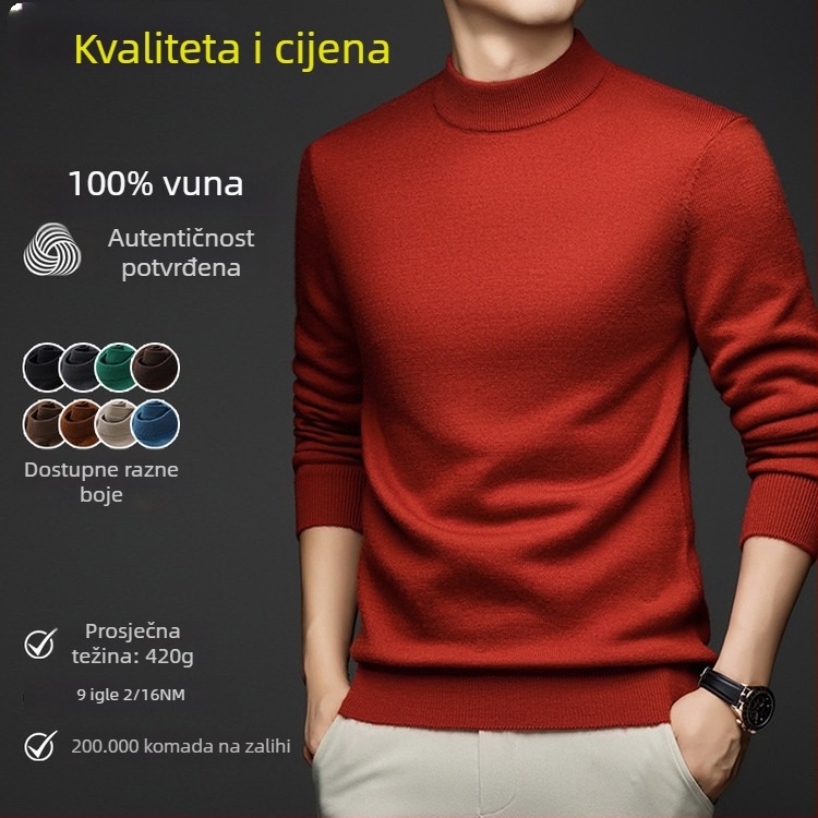 Muški pulover od 100% vune s polovičnim visokim ovratnikom, debeli pleteni, 420 g, dugi rukavi