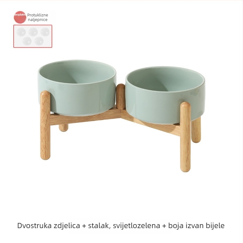 Keramički dvostruki posuda za psa s drvenim stalkom – podignuta posuda za hranu i vodu