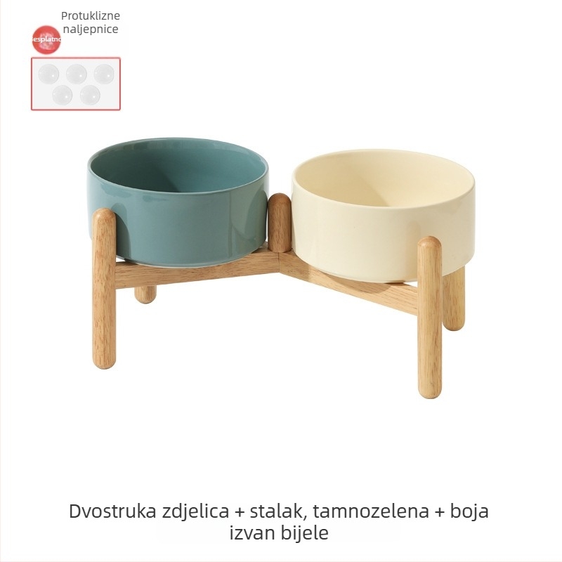 Keramički dvostruki posuda za psa s drvenim stalkom – podignuta posuda za hranu i vodu