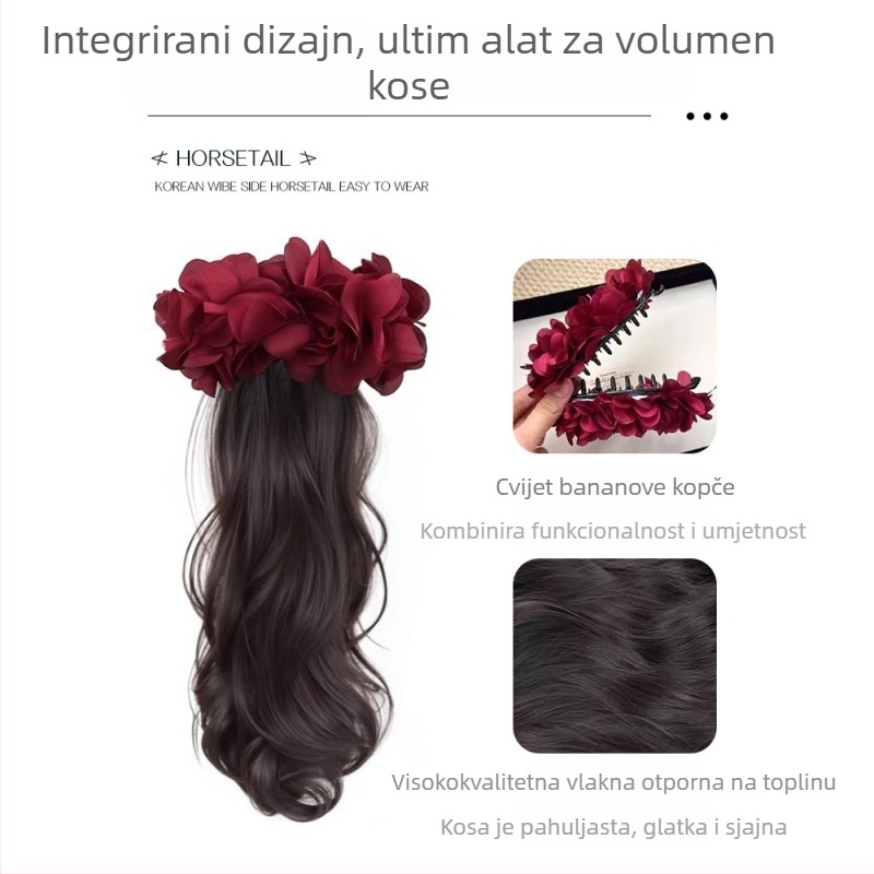 Perika za repić s ružičastim cvijetom, kopča za kosu, visoka rep, Gripper stil, vlakna otporna na toplinu