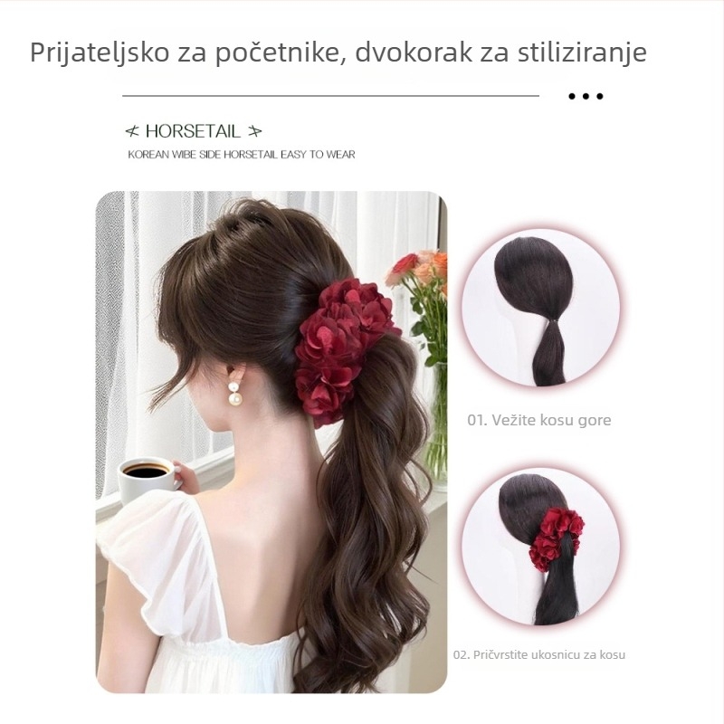 Perika za repić s ružičastim cvijetom, kopča za kosu, visoka rep, Gripper stil, vlakna otporna na toplinu