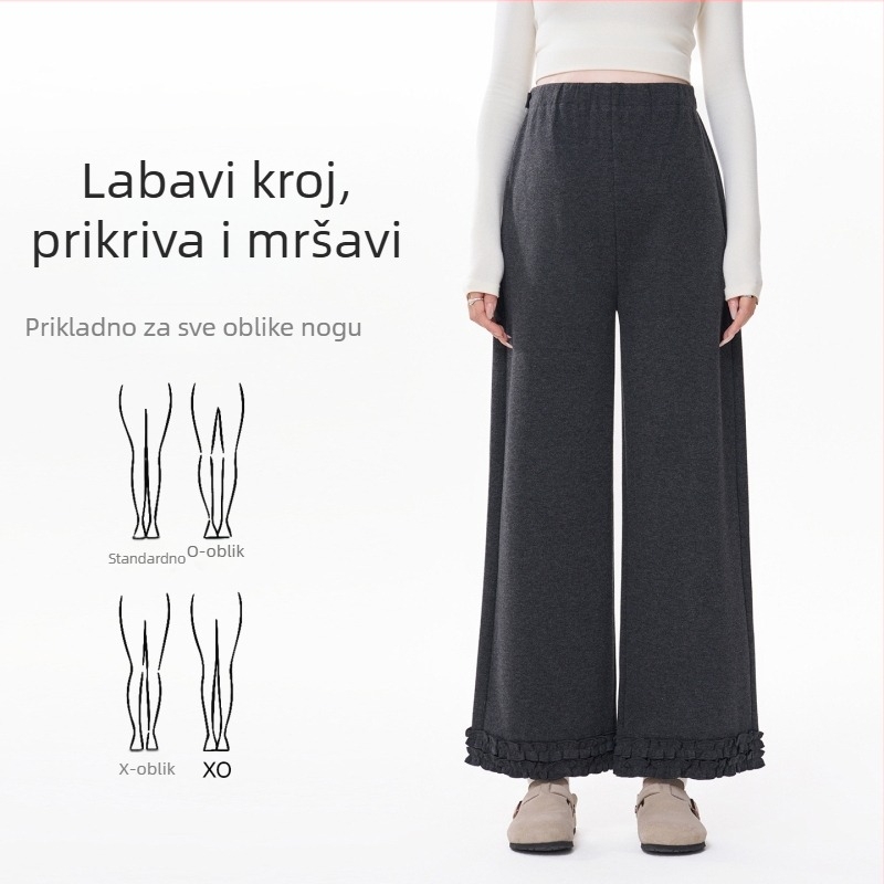 Hlače za trudnice s fleecem iznutra, široka silueta, materijal od vune-mješavina, duljina 9/10, zadržavaju toplinu