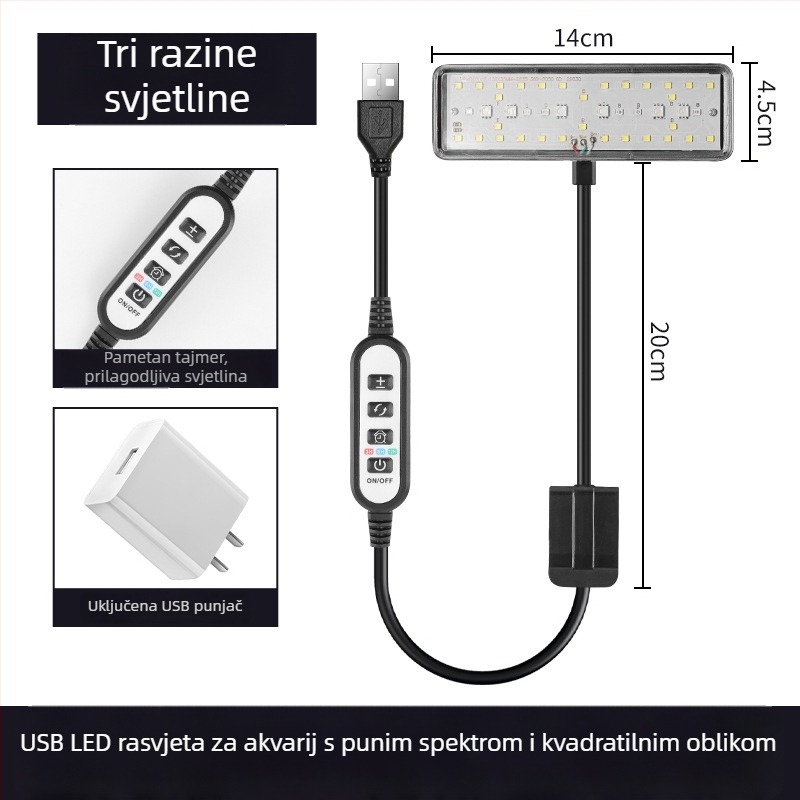 USB LED svjetlo za akvarij s tajmerom i ciklusom, osvjetljenje za vodene biljke i alge, clip-on svjetlo s više boja, svjetlo za kornjače