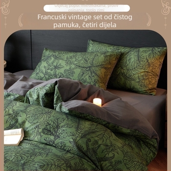 Francuski retro komplet posteljine od 100% pamuka, bruširana tkanina, tisk toplinskim prijenosom, uzorak biljaka i cvijeća, četiri dijela