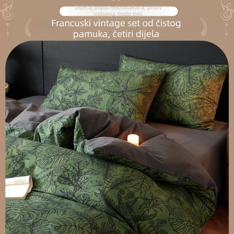 Francuski retro komplet posteljine od 100% pamuka, bruširana tkanina, tisk toplinskim prijenosom, uzorak biljaka i cvijeća, četiri dijela
