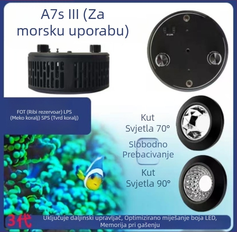 A+ LED lampa za korale A7S – treća generacija, puni spektar, Wi‑Fi daljinsko upravljanje za morski akvarij