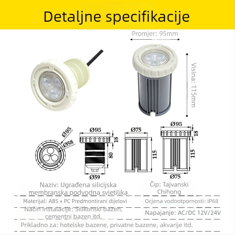 LED podvodna svjetiljka za bazen, ugrađena, RGB, 12V, IP68, 3 LED, 360 lm, kut snopa 30°