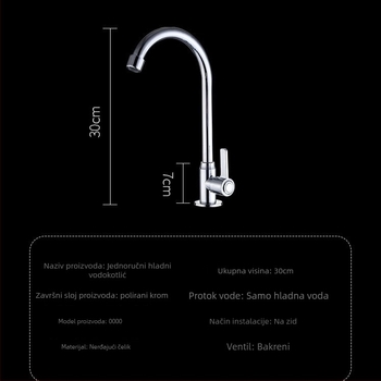 Nehrđajući čelični okomiti kuhinjski slavina, hladna voda (model mp88600, 0,8 MPa, 0–90°C)