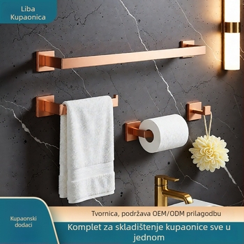 Set kupaonskog stalka od nehrđajućeg čelika s kukom za šešir – brušena ili polirana završna obrada; uključuje šipku za ručnike, prsten za ručnike, držač papira i kuku za kaput.