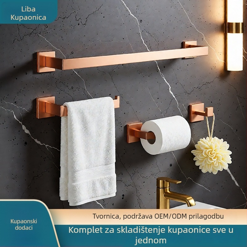 Set kupaonskog stalka od nehrđajućeg čelika s kukom za šešir – brušena ili polirana završna obrada; uključuje šipku za ručnike, prsten za ručnike, držač papira i kuku za kaput.
