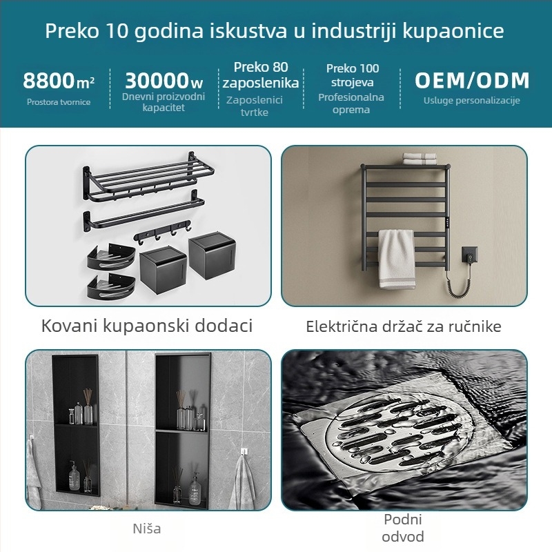 Set kupaonskog stalka od nehrđajućeg čelika s kukom za šešir – brušena ili polirana završna obrada; uključuje šipku za ručnike, prsten za ručnike, držač papira i kuku za kaput.