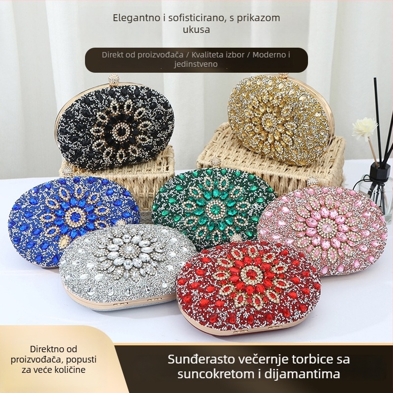 Večernja clutch torba s dijamantno ukrašenim suncokretom, PU materijal, oblik školjke, zaključavanje, unutarnja džep za mobitel, Kaihui