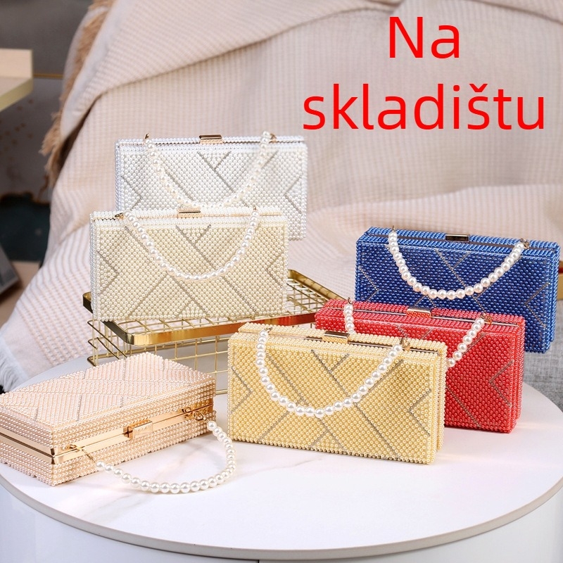 Torba za večer s biserima, PVC vanjska strana, podstava od poliestera, crossbody stil, horizontalni četverokut, zatvaranje kopčom, džep za telefon