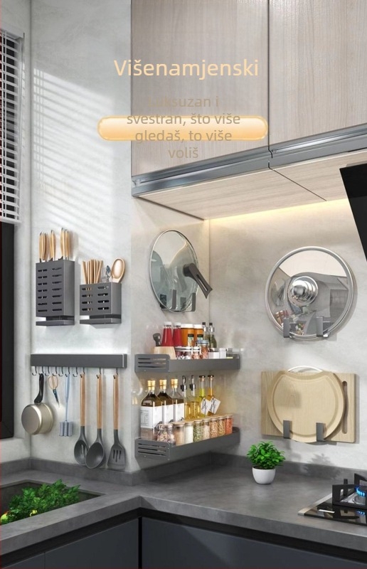 Držač za kuhinju na zid bez rupa — Višenamjenski držač za žlice, lopatice i daske za rezanje; moderan minimalistički stil, bez certifikata, za druga tržišta