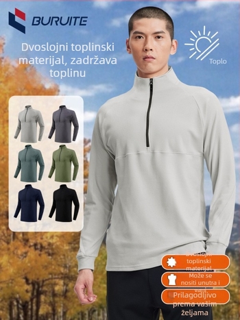 Muški fitness duksa s polu-zipom, dugi rukav, stojeći ovratnik, tijesnog kroja od poliestera, za zimu, proljeće i jesen