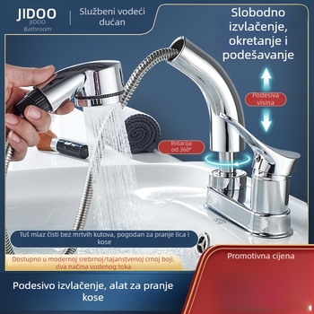 Slavina za umivaonik s dvije otvora, izvučna za toplu i hladnu vodu, mesingano tijelo, krom završna obrada, keramički ventil, model SKCLSLT