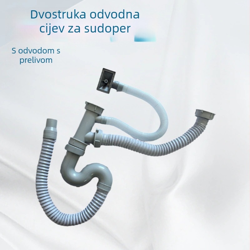 Dvostruka odvodna cijev za kuhinjsku sudoperu, plastična, protiv mirisa, težina 0.35 kg, stil: moderni minimalistički