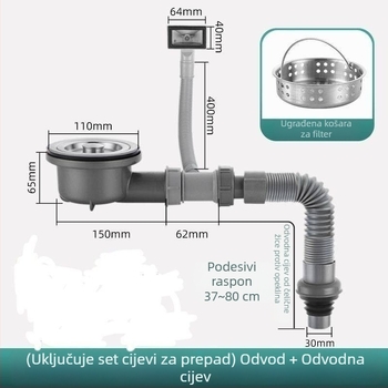 Set odvoda kuhinje od ABS-a i nehrđajućeg čelika, model bočni kratki sifon