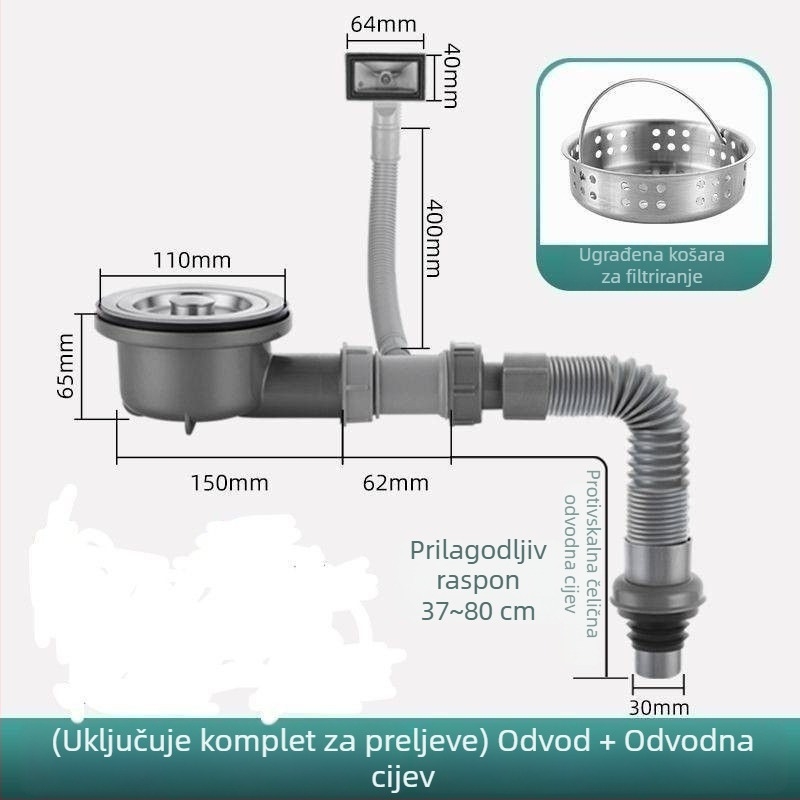 Set odvoda kuhinje od ABS-a i nehrđajućeg čelika, model bočni kratki sifon