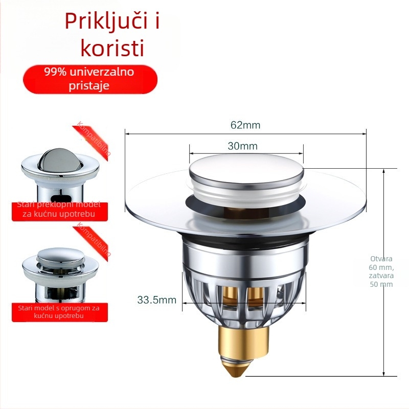 Bounce Core za umivaonik – ABS, Push-Type odvod, antimiris, univerzalna kompatibilnost s downcomerom, LC brand, Stil: Light Luxury