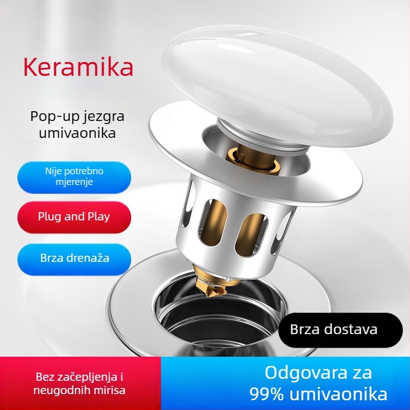 Keramički odvodi za umivaonik s pop-up mehanizmom, univerzalni flip poklopac, S-oblik, pritisni tip, moderan minimalistički stil, model 13